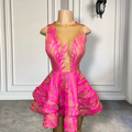 Cute Sheer O-neck Hot Pink Sequin Black Girl Short Prom Dresses For Birthday Party