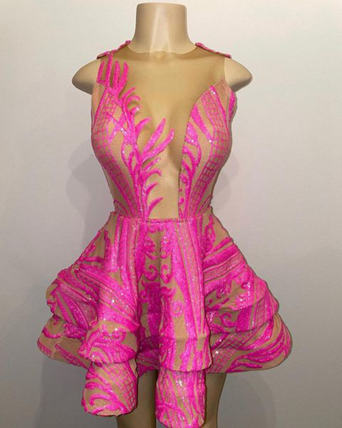 Cute Sheer O-neck Hot Pink Sequin Black Girl Short Prom Dresses For Birthday Party