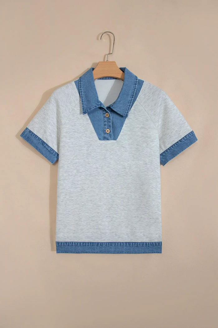 Denim Contrast Collar Cuffed Short Sleeve Top – Light Grey