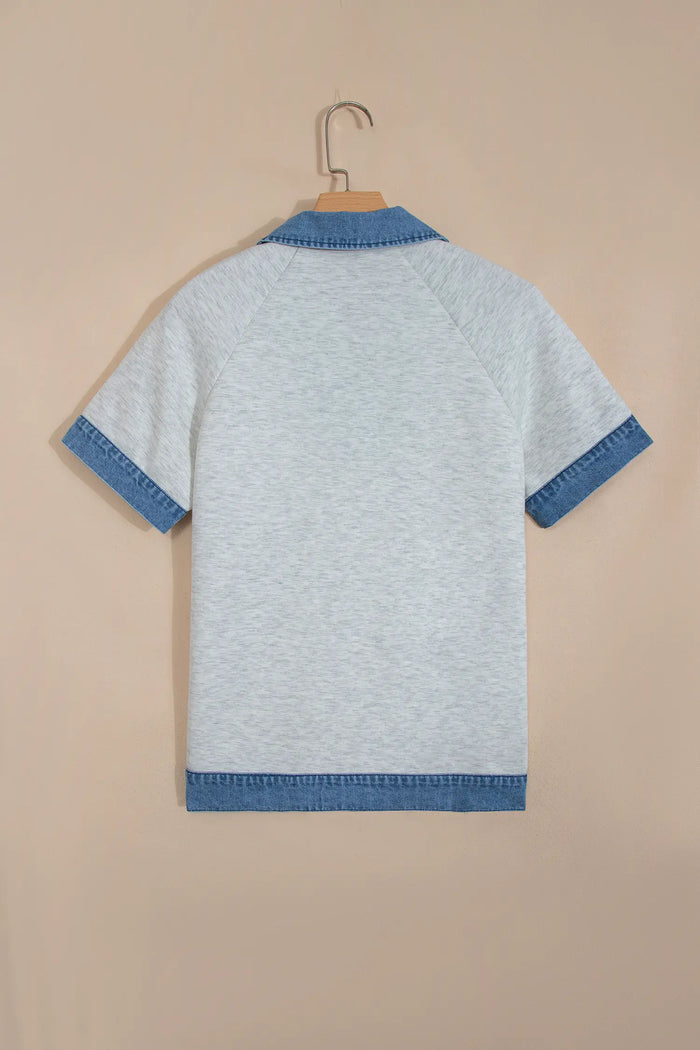 Denim Contrast Collar Cuffed Short Sleeve Top – Light Grey