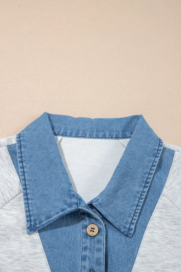 Denim Contrast Collar Cuffed Short Sleeve Top – Light Grey