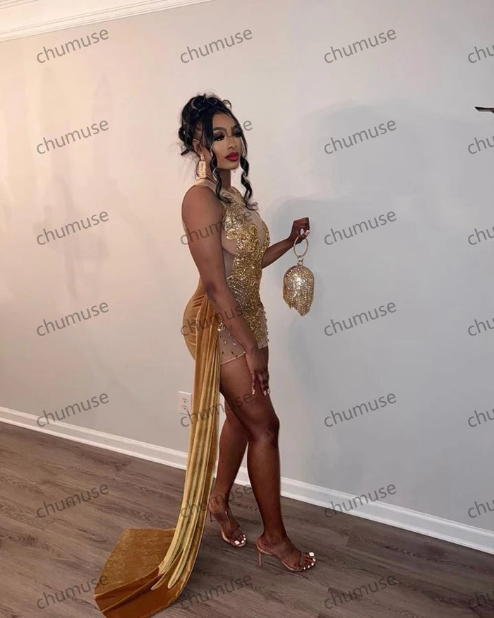 Diamond Sheer O-neck Women Birthday Party Gowns Side Train Gold Velvet