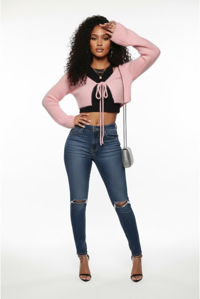 Different Vibe - Long Sleeve Front Single Tie Fuzzy Knit Top