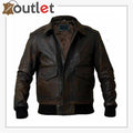 Distressed brown handmade leather jacket for men, front view with zip closure and snap collar tab
