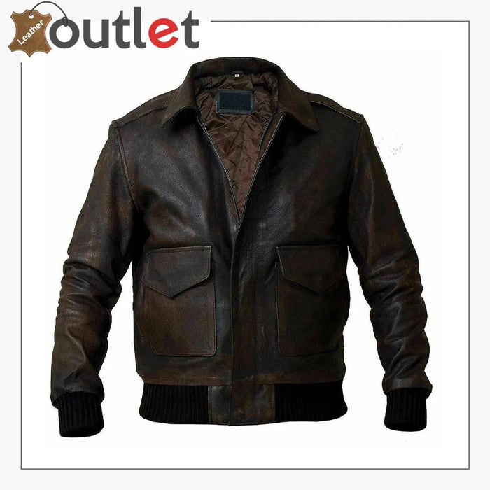 Distressed brown handmade leather jacket for men, front view with zip closure and snap collar tab