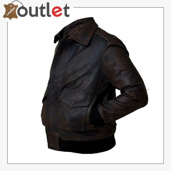 Side view of the distressed brown mens leather jacket showing hand rubbed wax finish on the sleeve