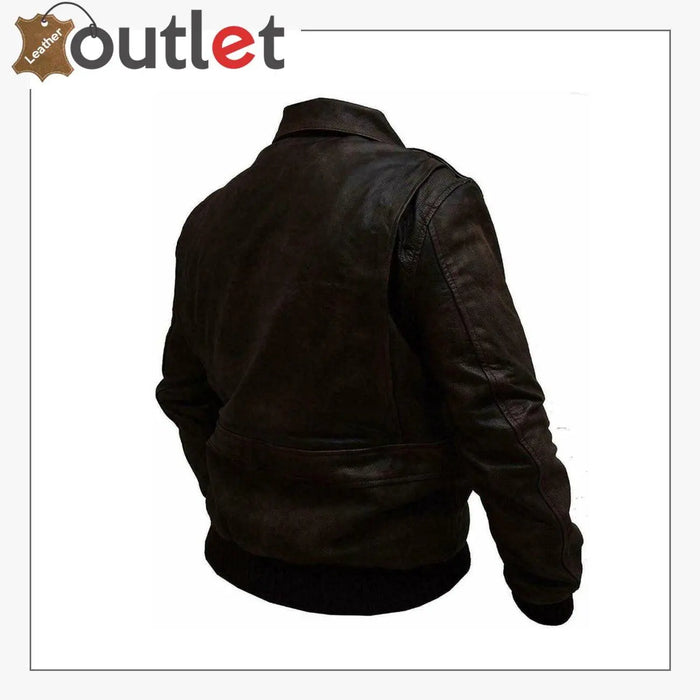 Back view of the handmade brown leather jacket showing full grain cowhide panels and stitching