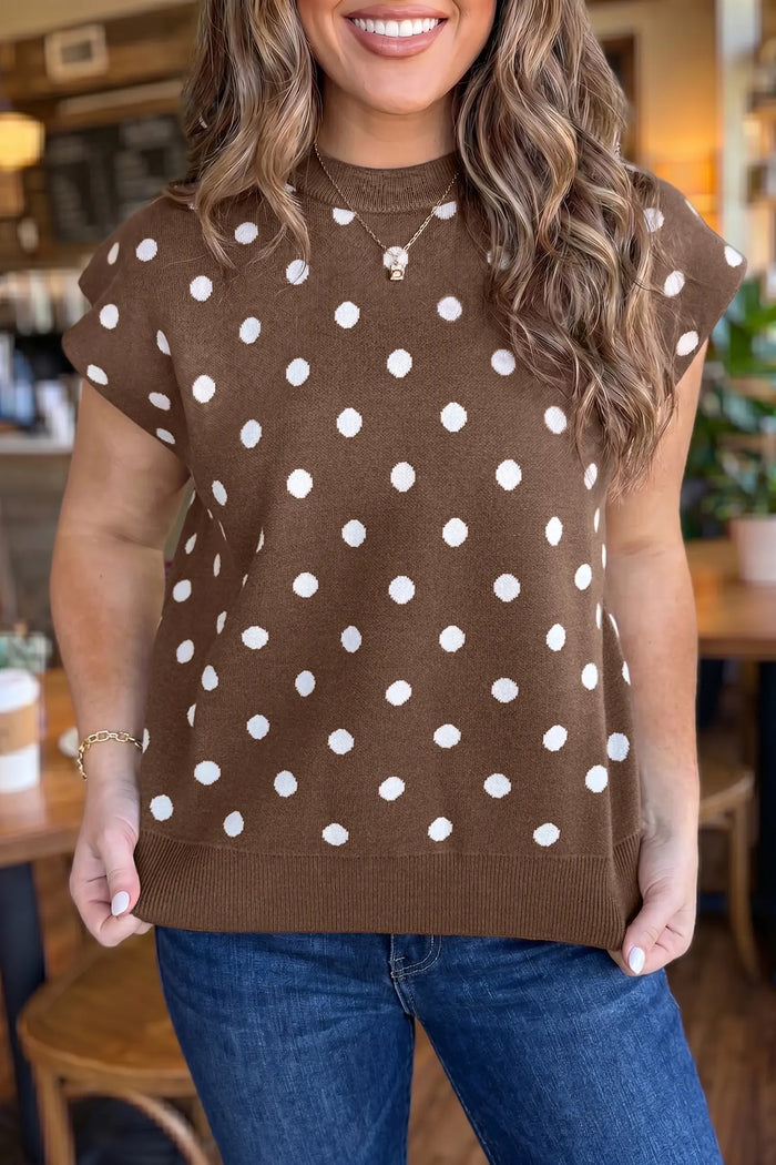 Dolman Short Sleeve Round Neck Polka Dot Sweater – Brown