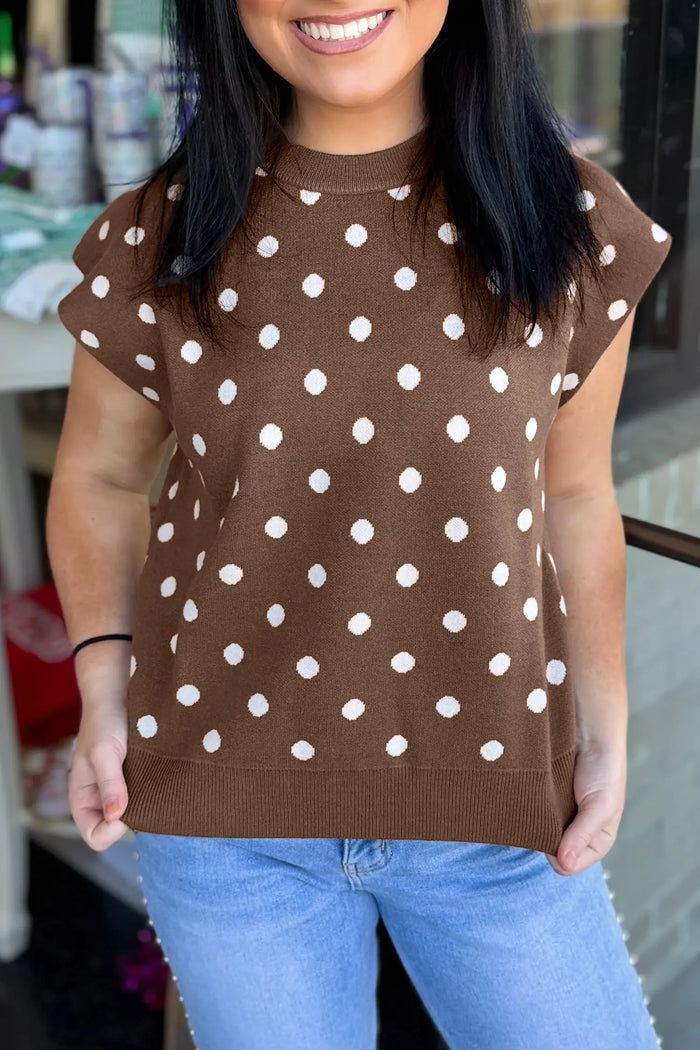 Dolman Short Sleeve Round Neck Polka Dot Sweater – Brown