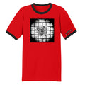 The OTTTO red T-shirt features black trim, a black-and-white square drain image on tiled floor, and "otto" in black on the left sleeve. Available now for presale.