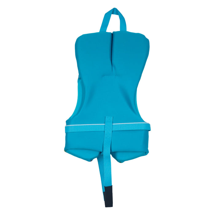 Back view of the Dream Infant CGA vest in solid blue with headrest, grab handle, and safety strap.