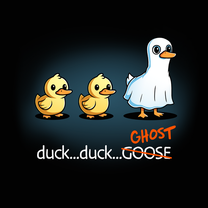 Classic Cotton T-shirt_TeeTurtle black Duck...Duck...Ghost Classic Cotton T-shirt featuring two normal ducks followed by a third duck dressed as a ghost in a white sheet, creating a playful twist on the classic "Duck, Duck, Goose" game.