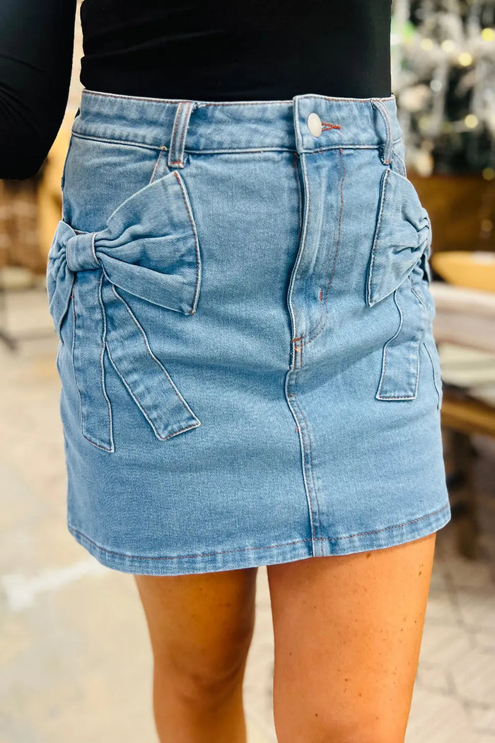 Dusk Blue Acid Wash Bowknot Details High Waist Denim Skirt - S / 72% Cotton + 26% Polyester + 2% Elastane