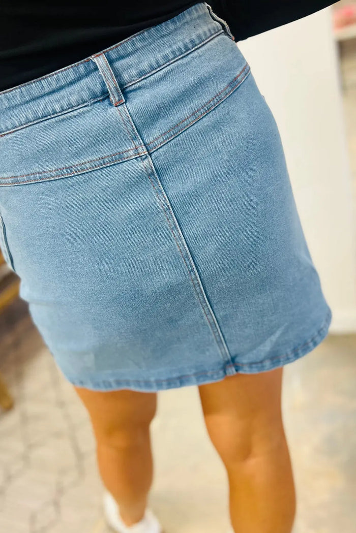Dusk Blue Acid Wash Bowknot Details High Waist Denim Skirt - Bottoms/Skirts & Petticoat