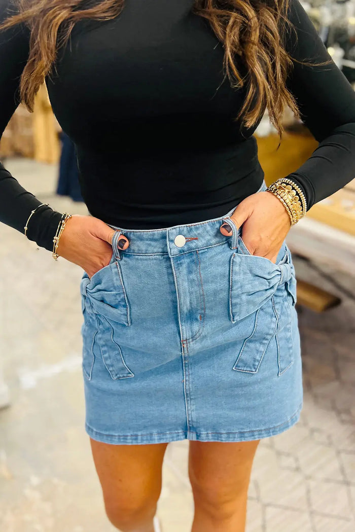Dusk Blue Acid Wash Bowknot Details High Waist Denim Skirt - Bottoms/Skirts & Petticoat