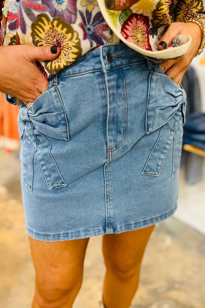 Dusk Blue Acid Wash Bowknot Details High Waist Denim Skirt - Bottoms/Skirts & Petticoat