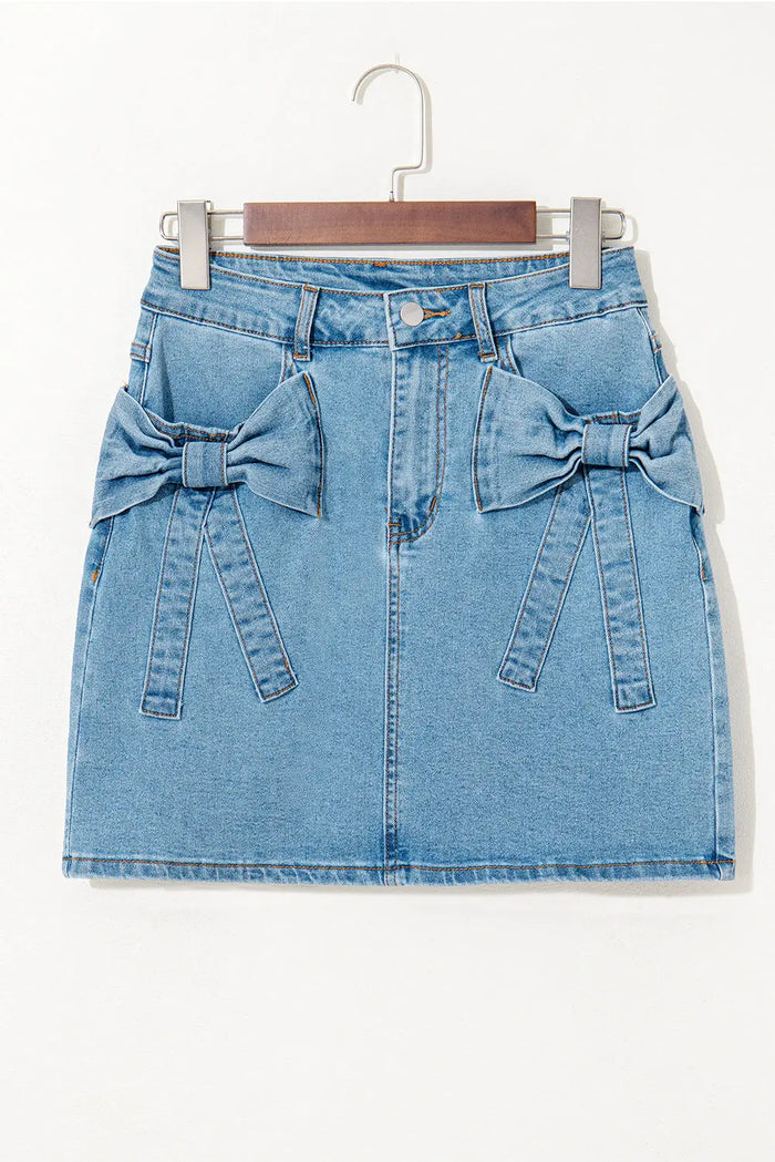 Dusk Blue Acid Wash Bowknot Details High Waist Denim Skirt - Bottoms/Skirts & Petticoat