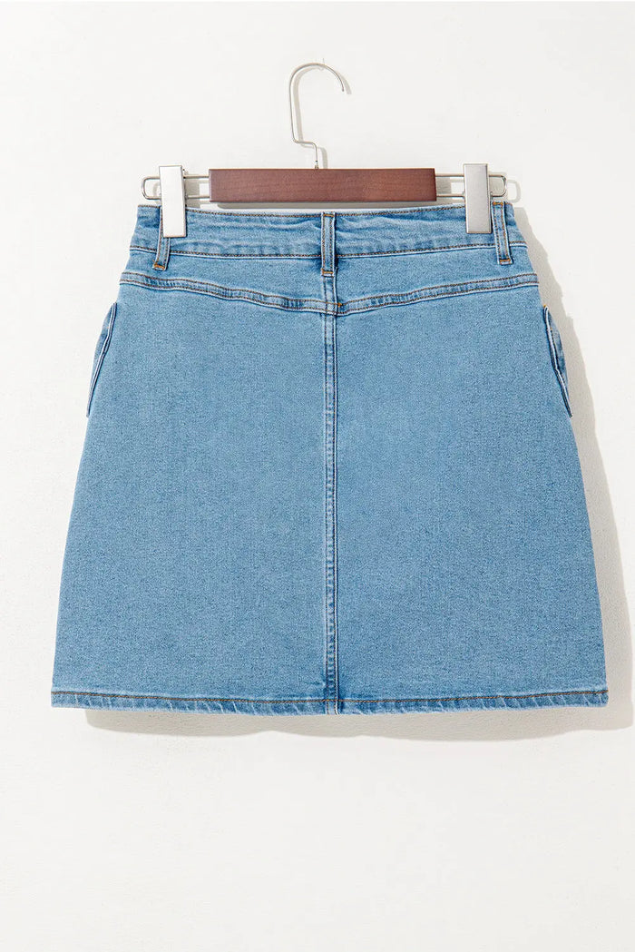 Dusk Blue Acid Wash Bowknot Details High Waist Denim Skirt - Bottoms/Skirts & Petticoat