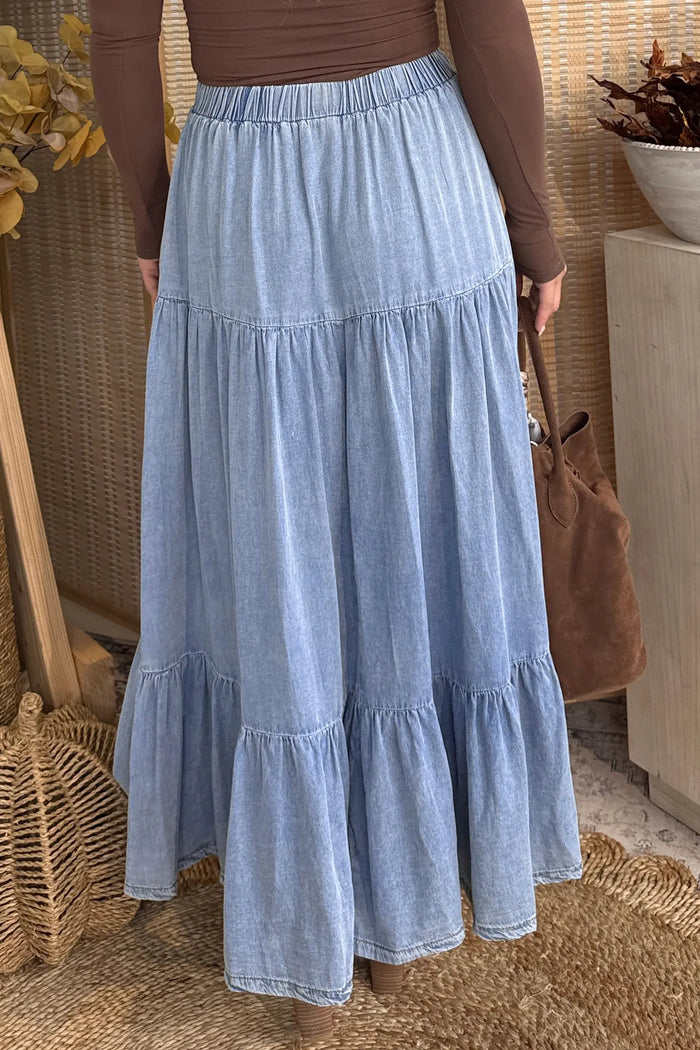 Elastic Waist Ruffled Tiered Flared Denim Maxi Skirt