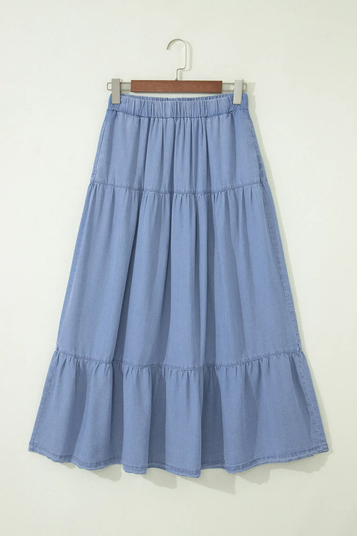 Elastic Waist Ruffled Tiered Flared Denim Maxi Skirt