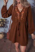 Embroidered Tassel Tie Waist Long Sleeve Mini Dress - Brown / S - Dresses/Mini Dresses