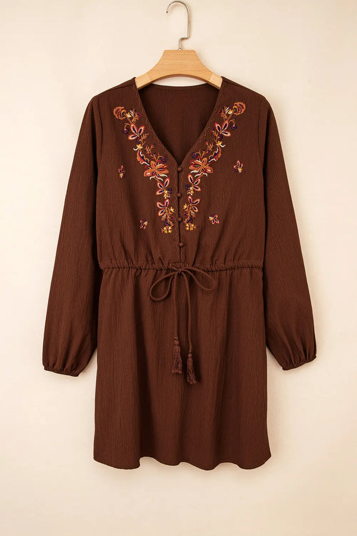 Embroidered Tassel Tie Waist Long Sleeve Mini Dress - Dresses/Mini Dresses