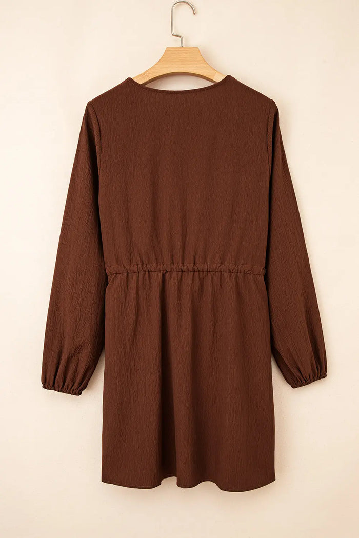 Embroidered Tassel Tie Waist Long Sleeve Mini Dress - Dresses/Mini Dresses