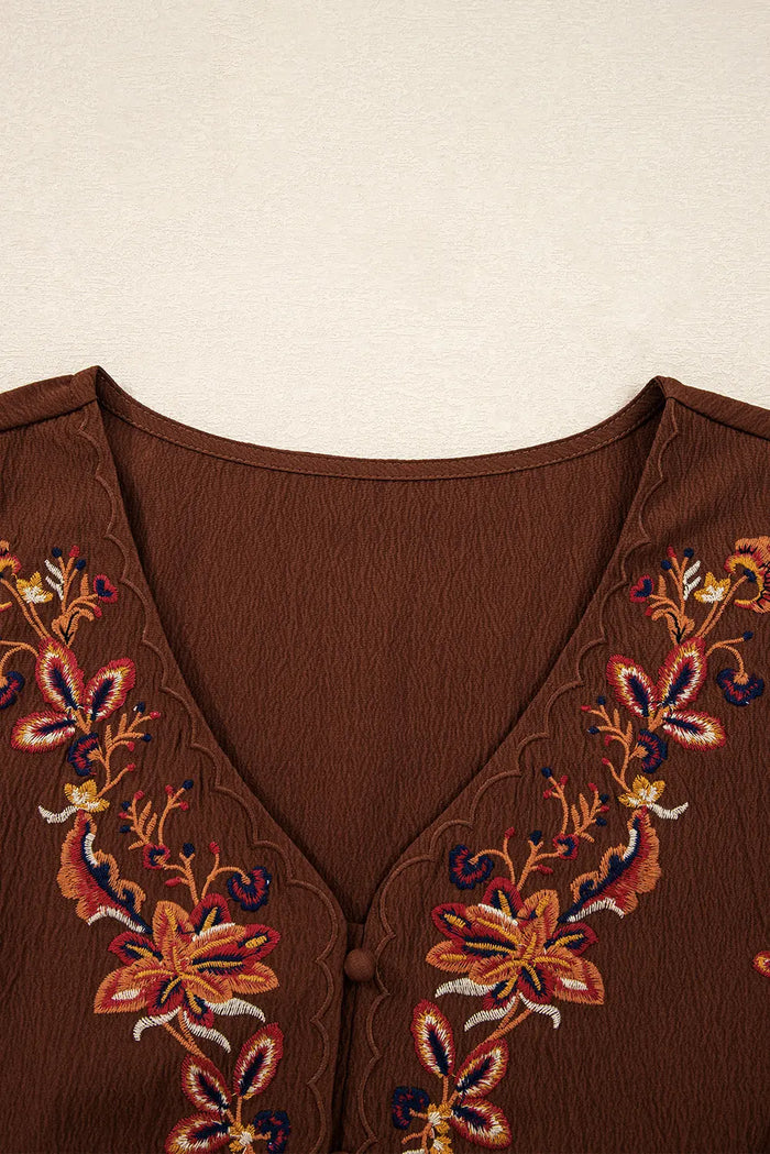 Embroidered Tassel Tie Waist Long Sleeve Mini Dress - Dresses/Mini Dresses