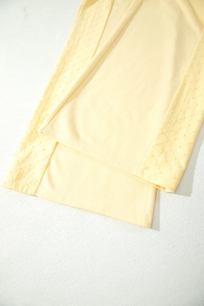 Eyelet Embroidered Lace Patchwork Cropped Pullover Drawstring Pants Set – Yellow Cream