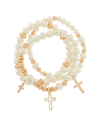 3 Row Pearl & Cross Charm Bracelet