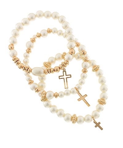 Faith & Grace: Triple Row Pearl & Gold Cross Charm Bracelet Set
