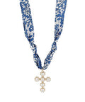 Blue floral scarf necklace with pearl-accented cross pendant