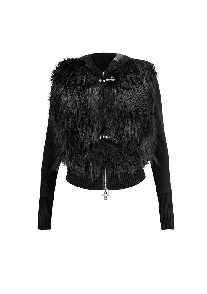 FAITHFUL FAUX FUR VEST AND FITTED ZIP HOODIE TWO PIECE SET BLACK