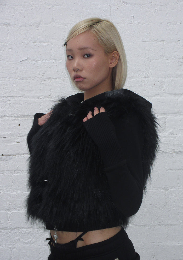 FAITHFUL FAUX FUR VEST AND FITTED ZIP HOODIE TWO PIECE SET BLACK