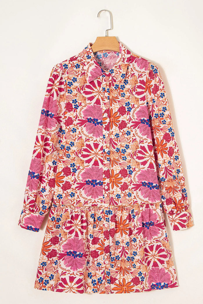 Fall Flower Print Long Sleeve Mini Dress - Dresses/Mini Dresses