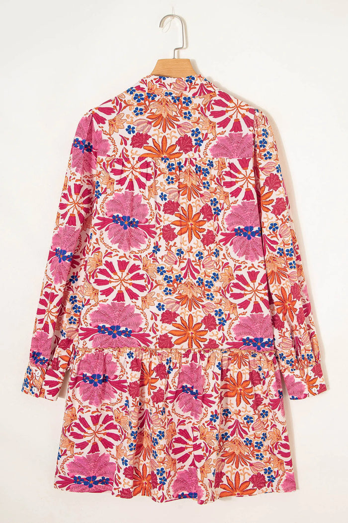 Fall Flower Print Long Sleeve Mini Dress - Dresses/Mini Dresses