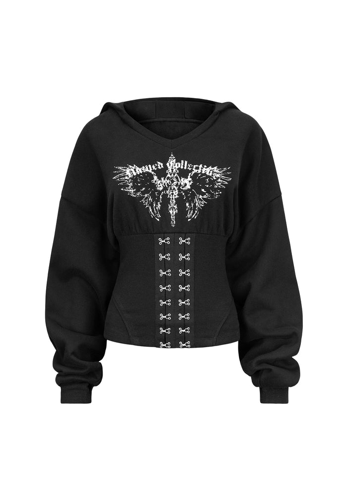 Front view of a black hoodie featuring a corset waist and decorative lacing detail, designed by Named Collective.