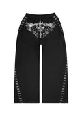 Back view of black oversized sweatpants with hook-and-eye detailing and custom logo design on the reverse.