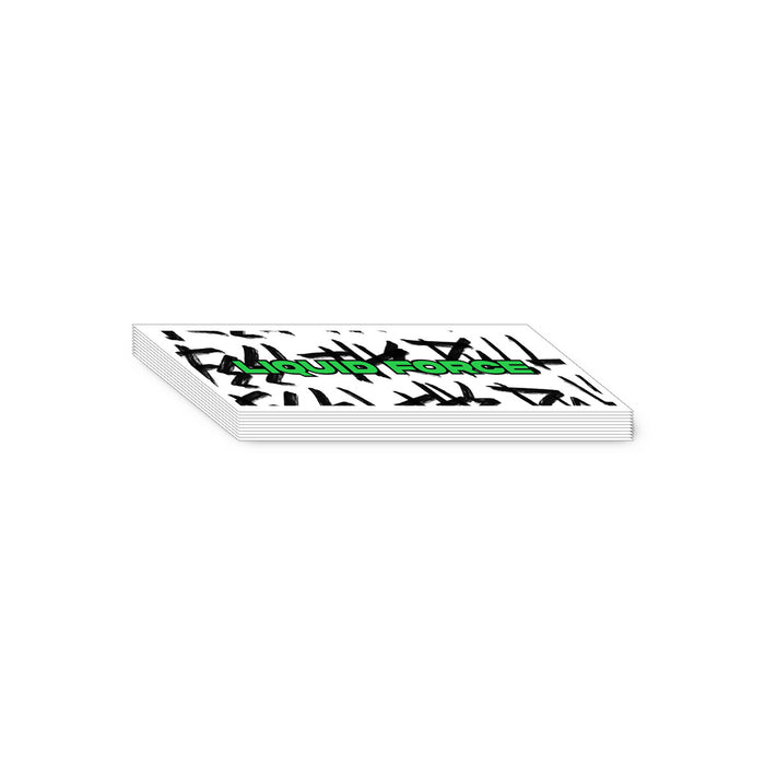 White rectangular liquid force sticker with black and white pattern and green text on a white background