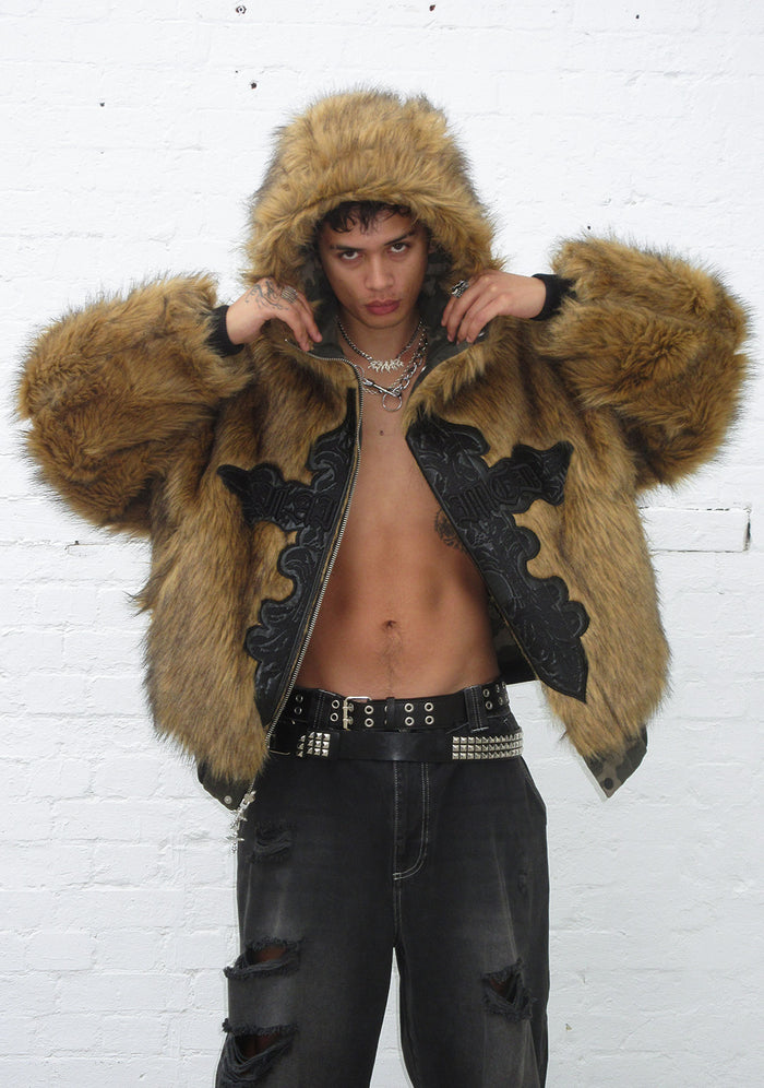 FERAL FAUX FUR REVERSIBLE BOMBER JACKET CAMO AND NATURAL