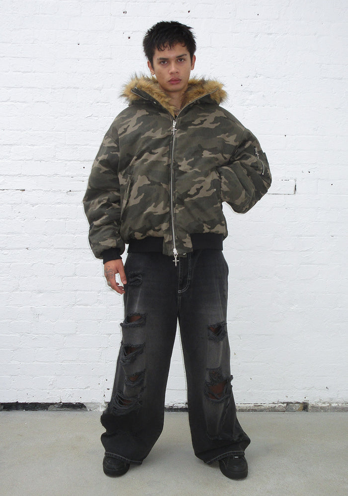 FERAL FAUX FUR REVERSIBLE BOMBER JACKET CAMO AND NATURAL