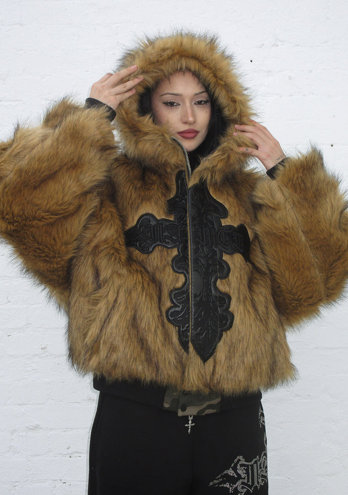 FERAL FAUX FUR REVERSIBLE BOMBER JACKET CAMO AND NATURAL