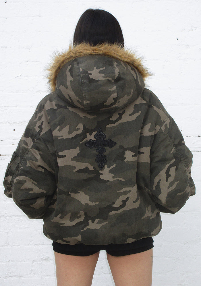FERAL FAUX FUR REVERSIBLE BOMBER JACKET CAMO AND NATURAL