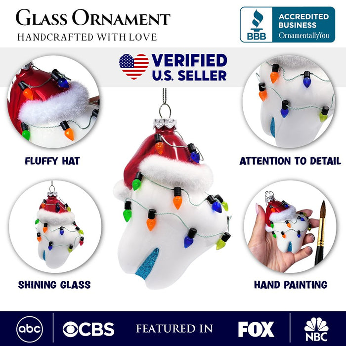 Festive Tooth Glass Christmas Ornament, Dentist Gift and Decor Glass Ornament OrnamentallyYou