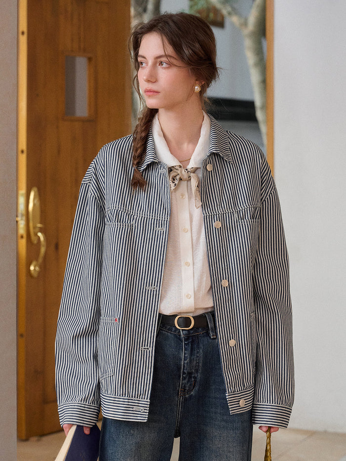 【Final Sale】Navy Lapel Stripe Cotton Jacket