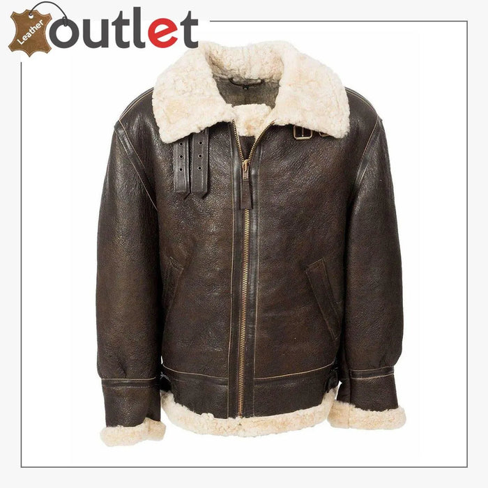 Flight B3 aviator bomber jacket in classic brown leather with shearling collar, front view