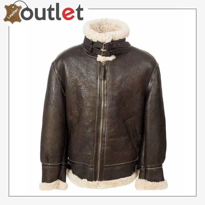 Side view of the brown B3 flight jacket showing waist belt buckle and shearling cuff