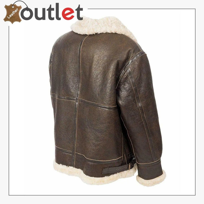Back view of the brown aviator B3 bomber jacket showing sheepskin panels and seams