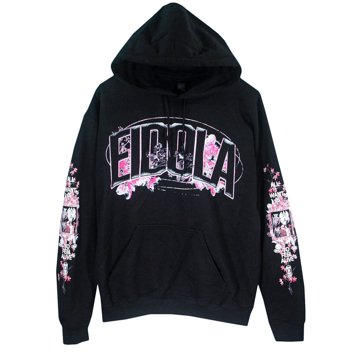 Eidola black hooded sweatshirt with “EIDOLA” in bold on the chest, pink floral and anime-style graphics on both sleeves, front pocket, and drawstring hood.