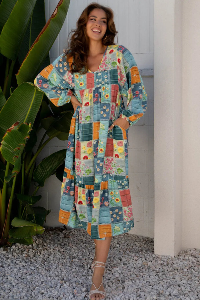 Floral Checkered Pattern Bubble Sleeve Ruffle Hem Dress - Multicoloured / S - Dresses/Maxi Dresses